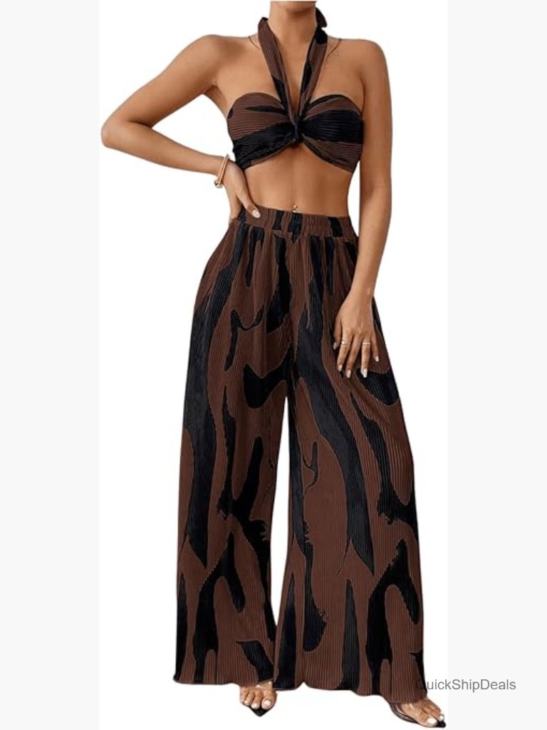 2 Piece Graphic Print Knitted Crop Halter Top And Wide Leg Pants Set